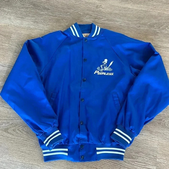 Vintage Nylon Bomber Varsity Jacket Roadrunner Peerless Retro Blue M USA - Picture 2 of 12